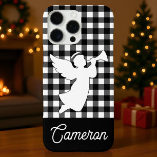 Coques iPhone 16 Pro Max Carreaux Noir et Blanc avec Ange et Nom Personnali