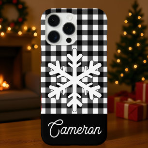 Coques iPhone 16 Pro Max Carreaux Noir et Blanc avec Flocon de Neige Nom Pe