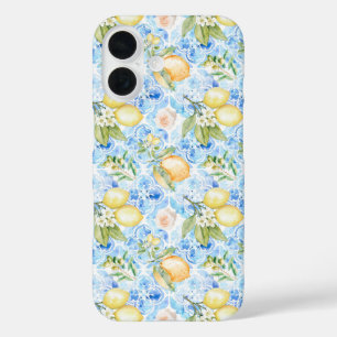 Coques iPhone 16 Carrelage bleu italien citron jaune aquarelle