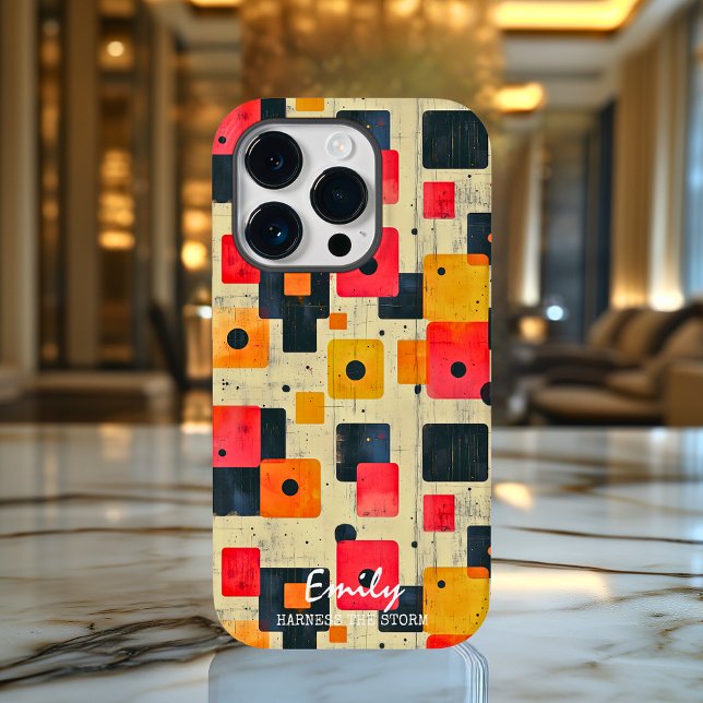 Coques Case-Mate iPhone Carrés géométriques rétro avec nom et expression p (Créateur téléchargé)