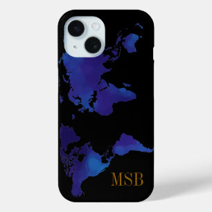 Coque Pour iPhone 15 carte bleue du monde avec initiales