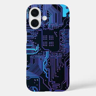 Coques iPhone 16 Carte cool de circuit d'ordinateur bleu