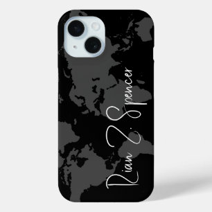 Coque Pour iPhone 15 Carte du monde gris avec nom sur Noir