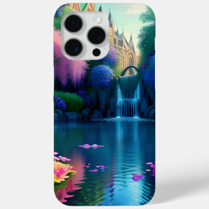 Coque iPhone 15 Pro Max Cascade dans un étang avec Fleurs