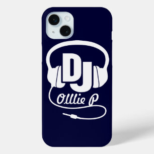 Coque iPhone 15 Mini Casque DJ nommé bleu et blanc graphique