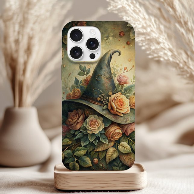 Coques Case-Mate iPhone Casquette de sorcière rose - Boîtier de téléphone  (Rose Witch Hat – Soft Witchy Aesthetic Phone Case on a table with neutral boho decor)