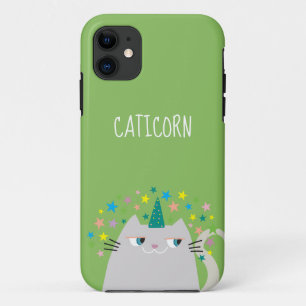 Coques Pour iPhone Cat White Unicorn Caticorn Etoiles colorées Vert