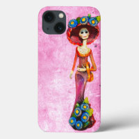 Catrina Avec Robe Rouge & Fleurs Bleues Sur Rose W