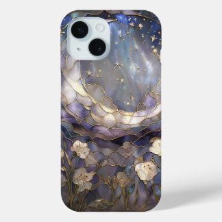 Coque Pour iPhone 15 Céleste Lune et verre floral