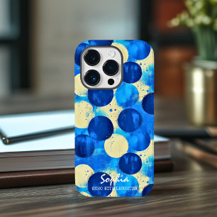 Coque Pour iPhone 14 Pro Cercles Abstraits Bleus avec Nom Personnalisé et P