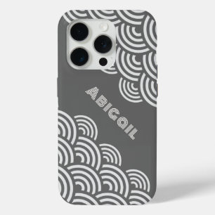 Coque iPhone 15 Pro Cercles tourbillonnants et nom en blanc sur gris
