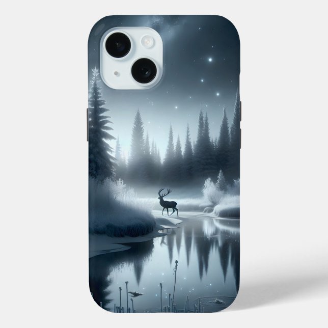 Coques Case-Mate iPhone Cerf dans une rivière hivernale la nuit (Verso)
