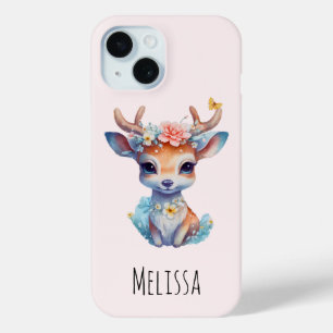 Coque Pour iPhone 15 Cerf de Bébé mignon avec Antlers et Fleurs