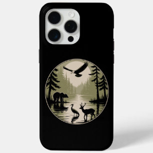 Coque iPhone 15 Pro Max Cerf Ours Aigle Lune Forêt Silhouette