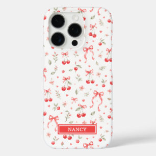 Coques iPhone 16 Pro Cerises avec nœuds coquettes rouges monogrammées