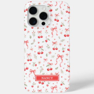 Coque iPhone 15 Pro Max Cerises avec rubans coquettes rouges monogrammées