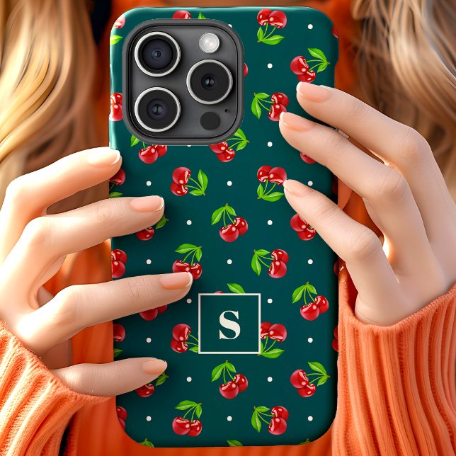 Coques Case-Mate iPhone Cerises Mignonnes à Points sur Monogramme Sarcelle (Créateur téléchargé)