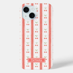 Coque Pour iPhone 15 Cerises Monogrammées à Rayures Aquarelle