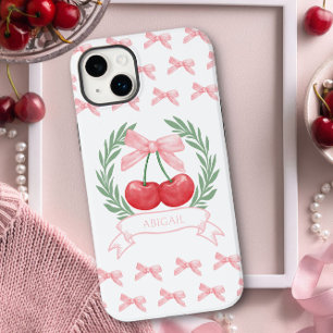 Coque Pour iPhone 14 Plus Cerises Preppy Rubans Roses Couronne de Laurier Lo