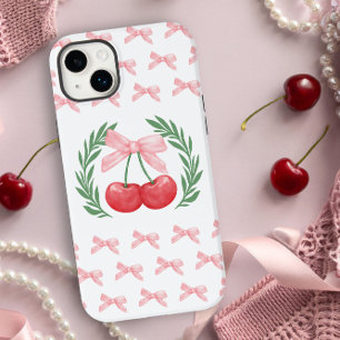 Coque Pour iPhone 14 Plus Cerises Preppy Rubans Roses et Couronne de Laurier