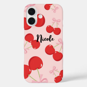 Coques iPhone 16 Cerises Rouges avec Nœud Rose Cottage Chic Coquett