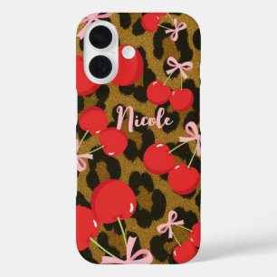 Coques iPhone 16 Cerises Rouges avec Nœud Rose Imprimé Léopard Coqu