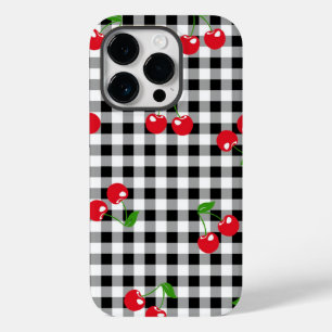Coque Pour iPhone 14 Pro Cerisier rouge noir et blanc En vichy Motif