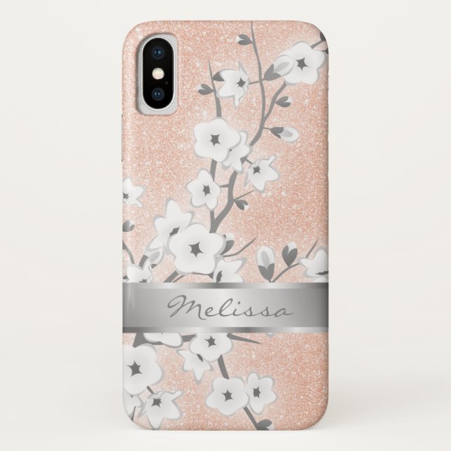 Coques Case-Mate iPhone Cerisiers Blossoms Rose Or Monogramme Bling (Dos)