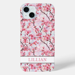 Coque iPhone 15 Mini Cerisiers Fleuris Sakura Monogrammés