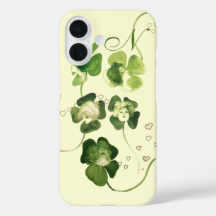 Coques iPhone 16 CHALEUREUSES SHAMROCKS VERTS AVEC COEURS Monogramm