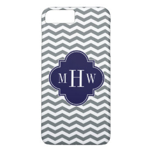 Coque iPhone 8 Plus/7 Plus Charcoal Thin Chevron Navy Quatrefoil 3 Monogramme