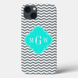 iPhone 13 Coque Charcoal Tn Chevron Brt Aqua Quatrefoil 3 Monogram