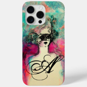 Coque iPhone 15 Pro Max CHARME /Dame au Masque Monogramme rose Turquoise v