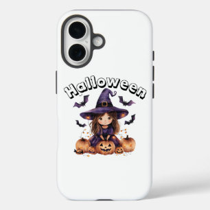 Coques iPhone 16 Charming Witch Girl Halloween Décor avec Citrouill
