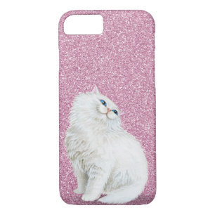 Coque iPhone 8/7 Chat blanc perse sur parties scintillant rose