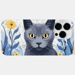 Coque Pour Pour iPhone 14 Pro Max Chat Bleu Russe Fleurs Jaunes