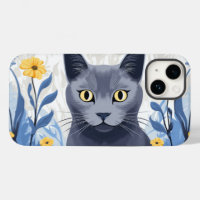 Chat Bleu Russe Fleurs Jaunes