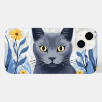 Chat Bleu Russe Fleurs Jaunes