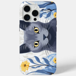 Coque iPhone 15 Pro Max Chat Bleu Russe Fleurs Jaunes