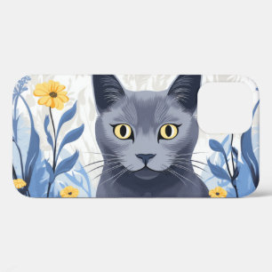 Case-Mate iPhone Case Chat Bleu Russe Fleurs Jaunes
