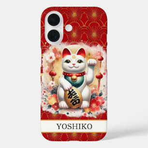 Coques iPhone 16 Chat Chanceux avec Fleurs Rouges Monogrammées