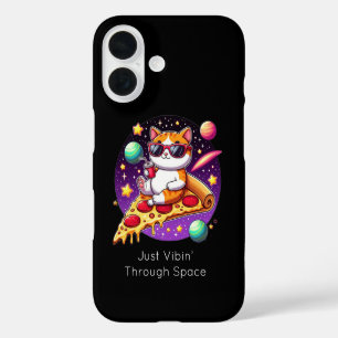 Coques iPhone 16 Chat cool sur une pizza dans l'espace