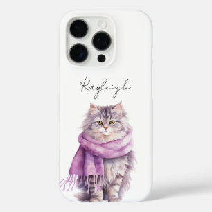 Coques iPhone 16 Pro Chat Cosy Écharpe violette hiver