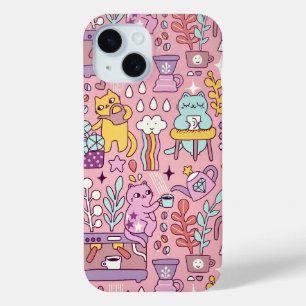 Coque Pour iPhone 15 Chat De Dessin S'Amuse Sur Rose