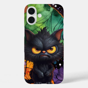 COQUES iPhone 16 PLUS CHAT EN COLÈRE NOIRE FLUFFÉ HALLOWEEN
