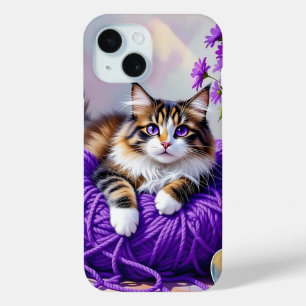 Coque Pour iPhone 15 Chat en fil de pourpre et fleurs