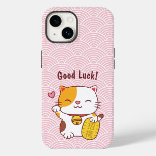 Coque Pour iPhone 14 Chat Japonais Maneki Neko Chanceux Rose