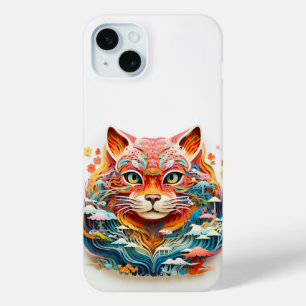 Coque iPhone 15 Mini Chat mignon avec découpage en papier de fleurs