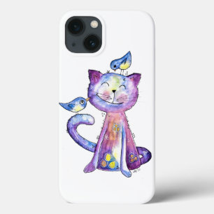 Case-Mate iPhone Case Chat mignon blanc violet avec oiseaux