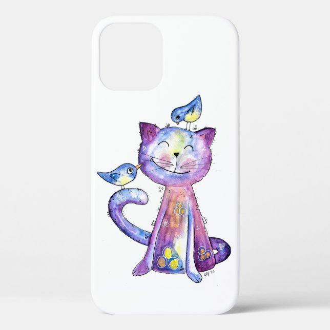 Coques Case-Mate iPhone Chat mignon blanc violet avec oiseaux (Verso)